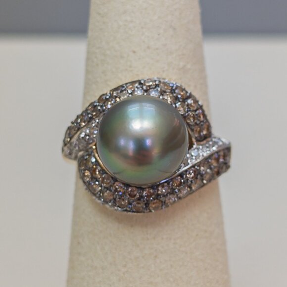 14k Yellow Gold Tahitian Pearl & Champagne Diamond Pavé Bypass Ring — 10mm, sz 6 - Picture 4 of 12